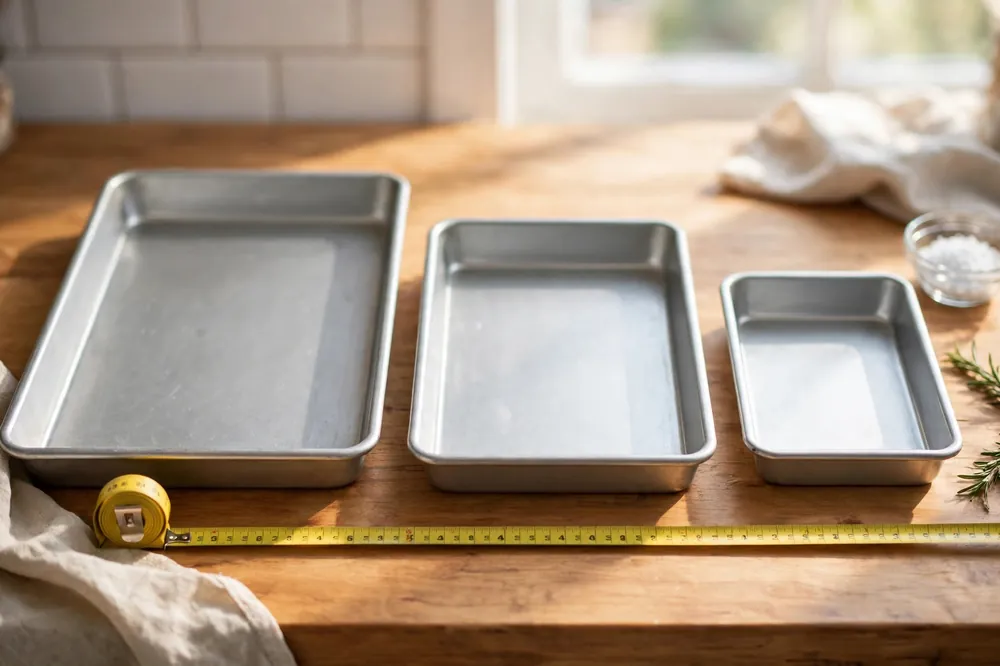 Half sheet, quarter sheet, and small baking pans on a counter with a tape measure