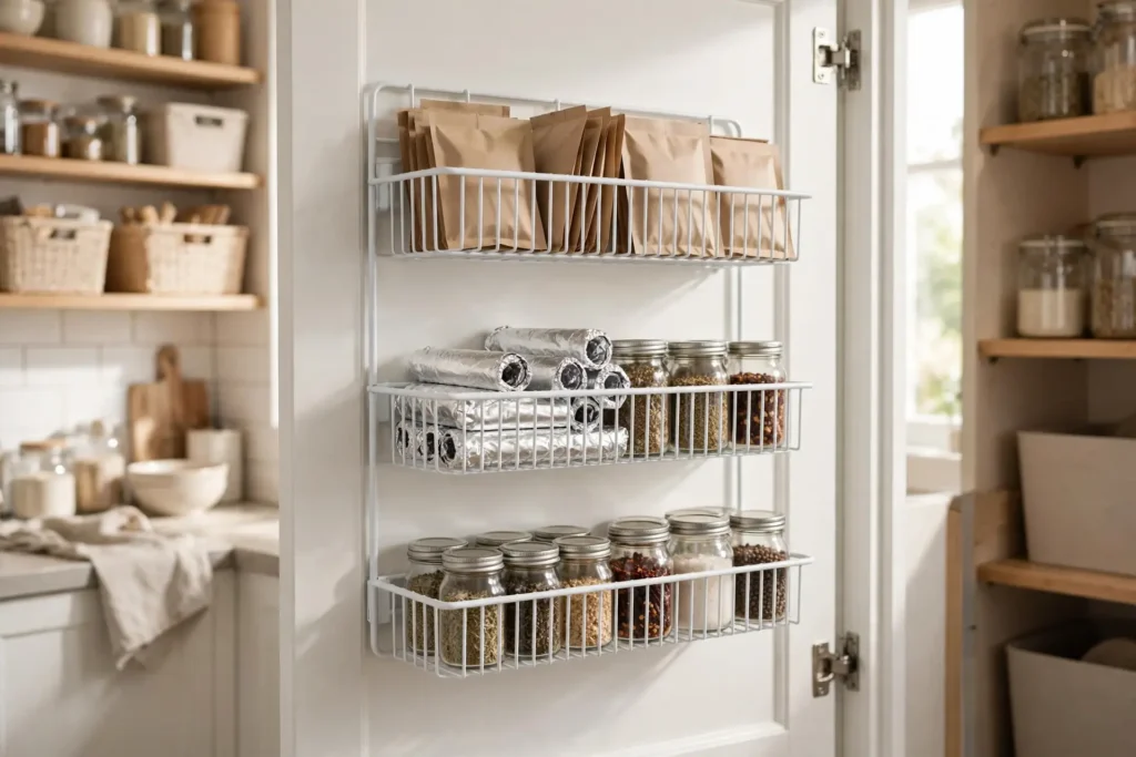 Slim over-door rack holding spices and wraps on the back of a pantry door