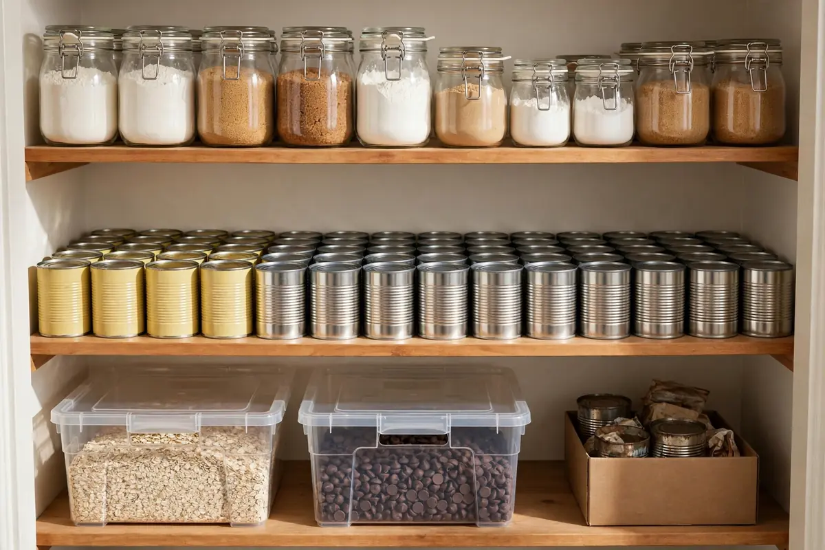 Decluttered pantry shelves with grouped baking supplies and labeled bins