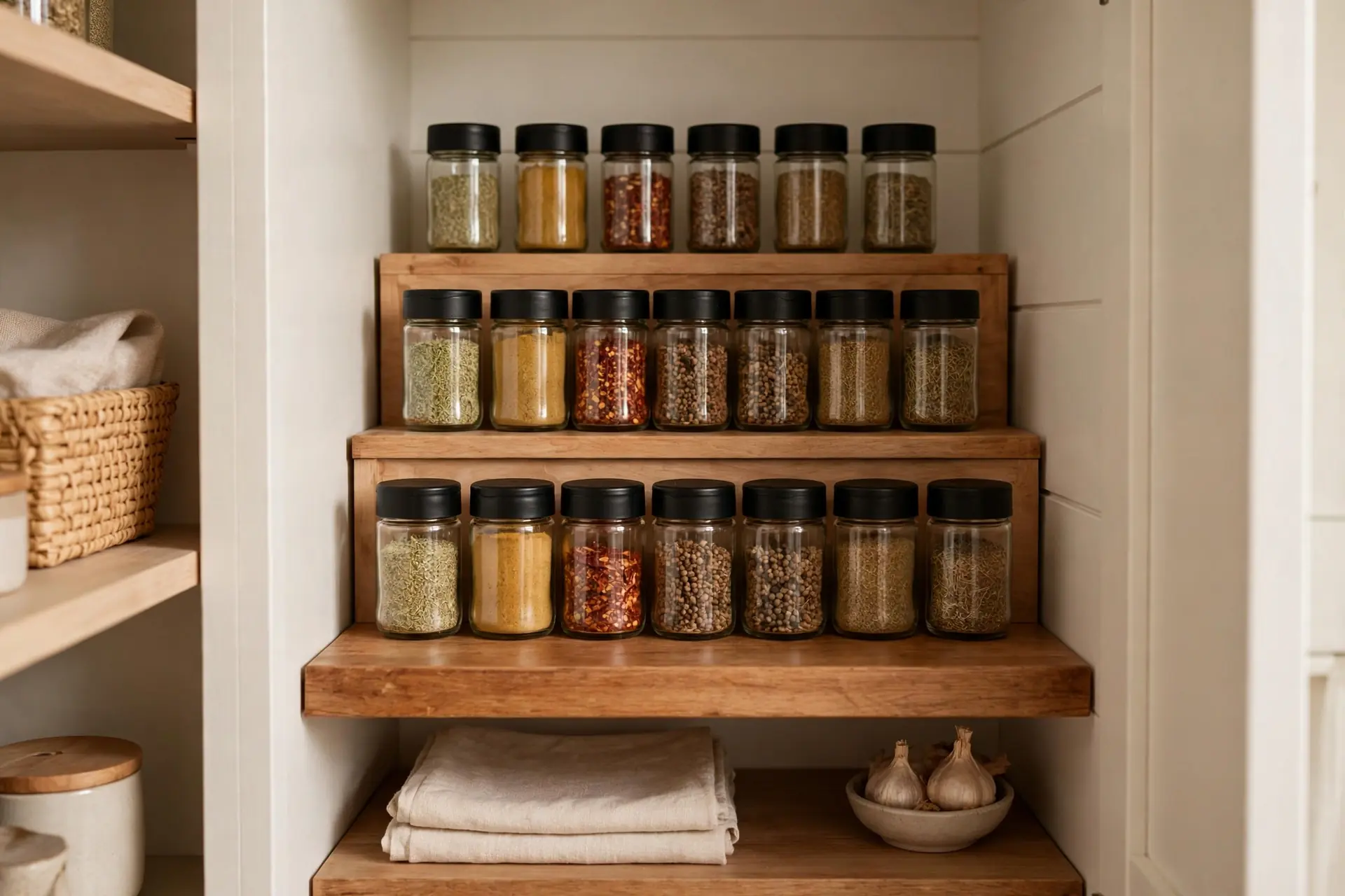 Small pantry with stepped shelves holding uniform labeled spice jars in tidy rows