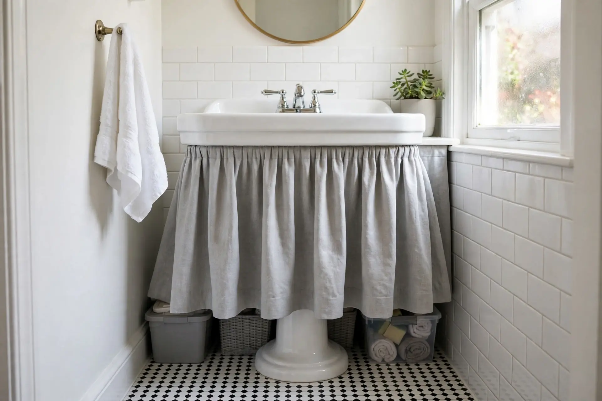 Pedestal sink with a fabric sink skirt hiding storage bins