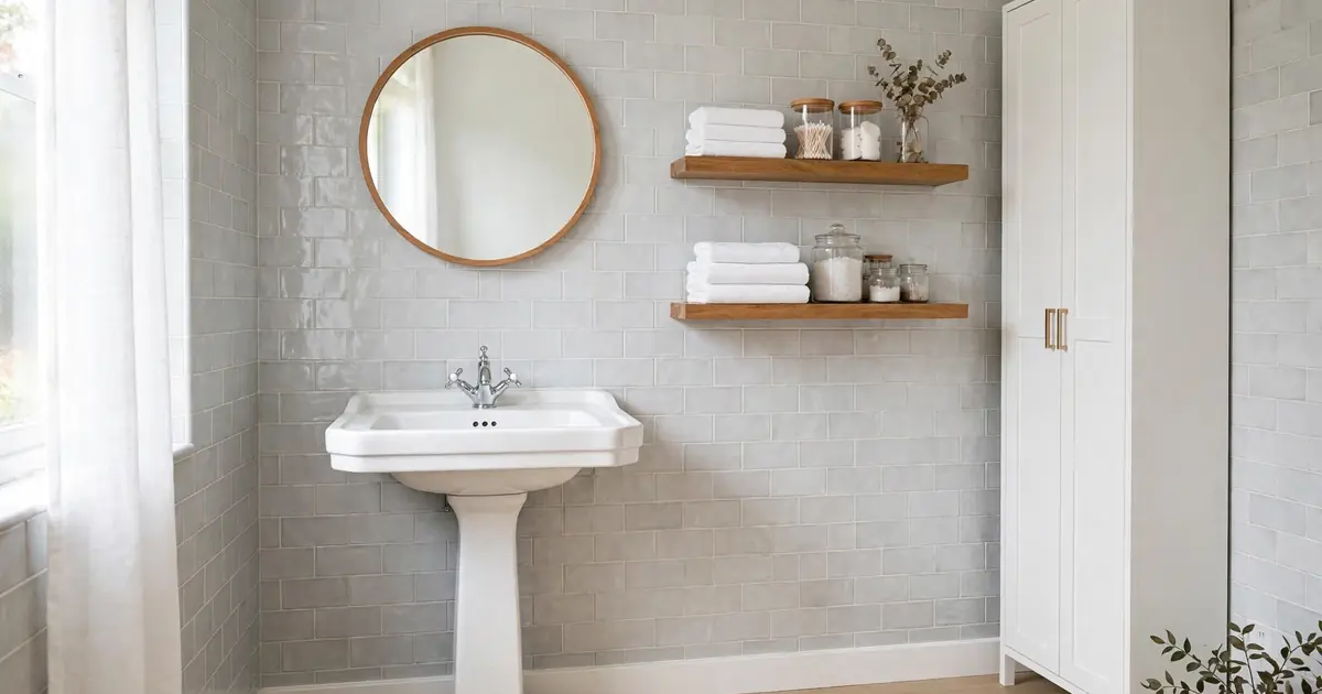 Pedestal sink storage ideas: bright small bathroom with a white pedestal sink, styled floating shelves, and a narrow linen cabinet