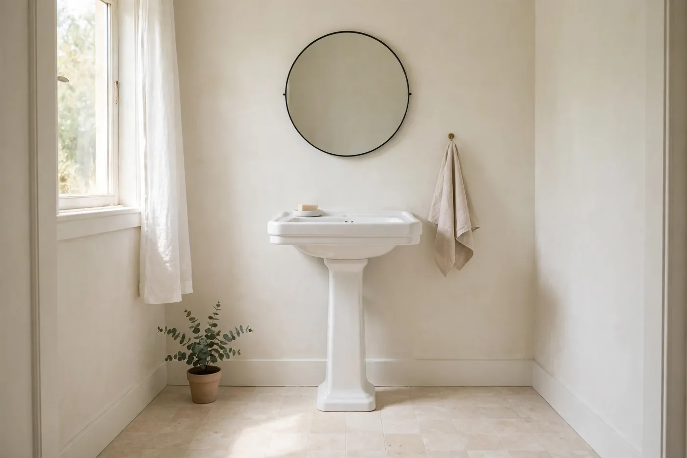 Small bathroom with a white pedestal sink and no vanity, showing the open floor space a pedestal creates