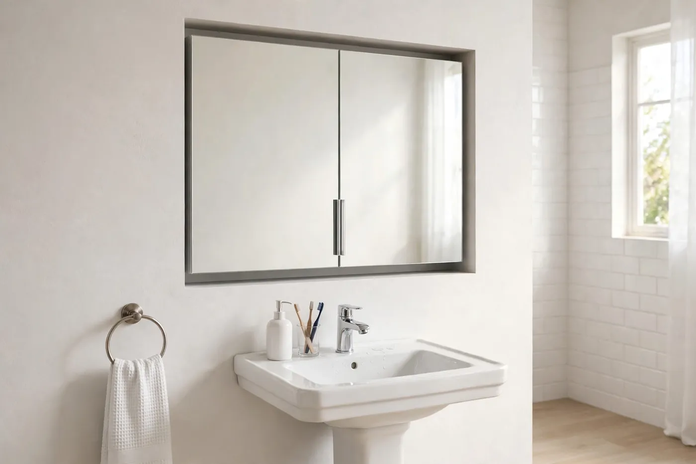 Recessed medicine cabinet set flush into a bathroom wall above a pedestal sink, with mirrored doors closed