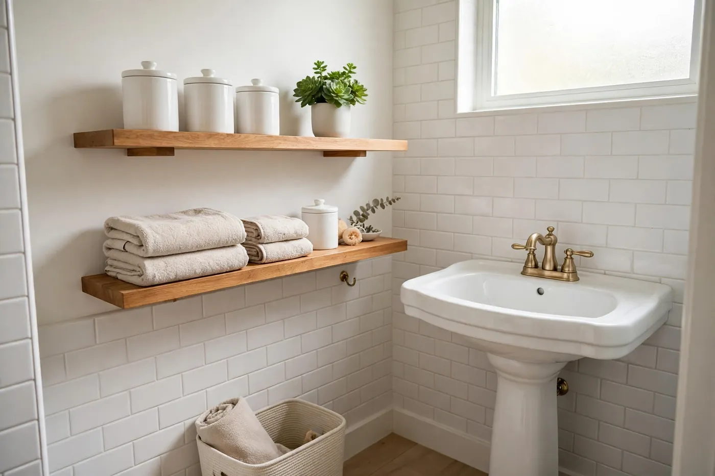 Floating wooden shelves beside a pedestal sink styled with matching jars, folded towels, and a small plant