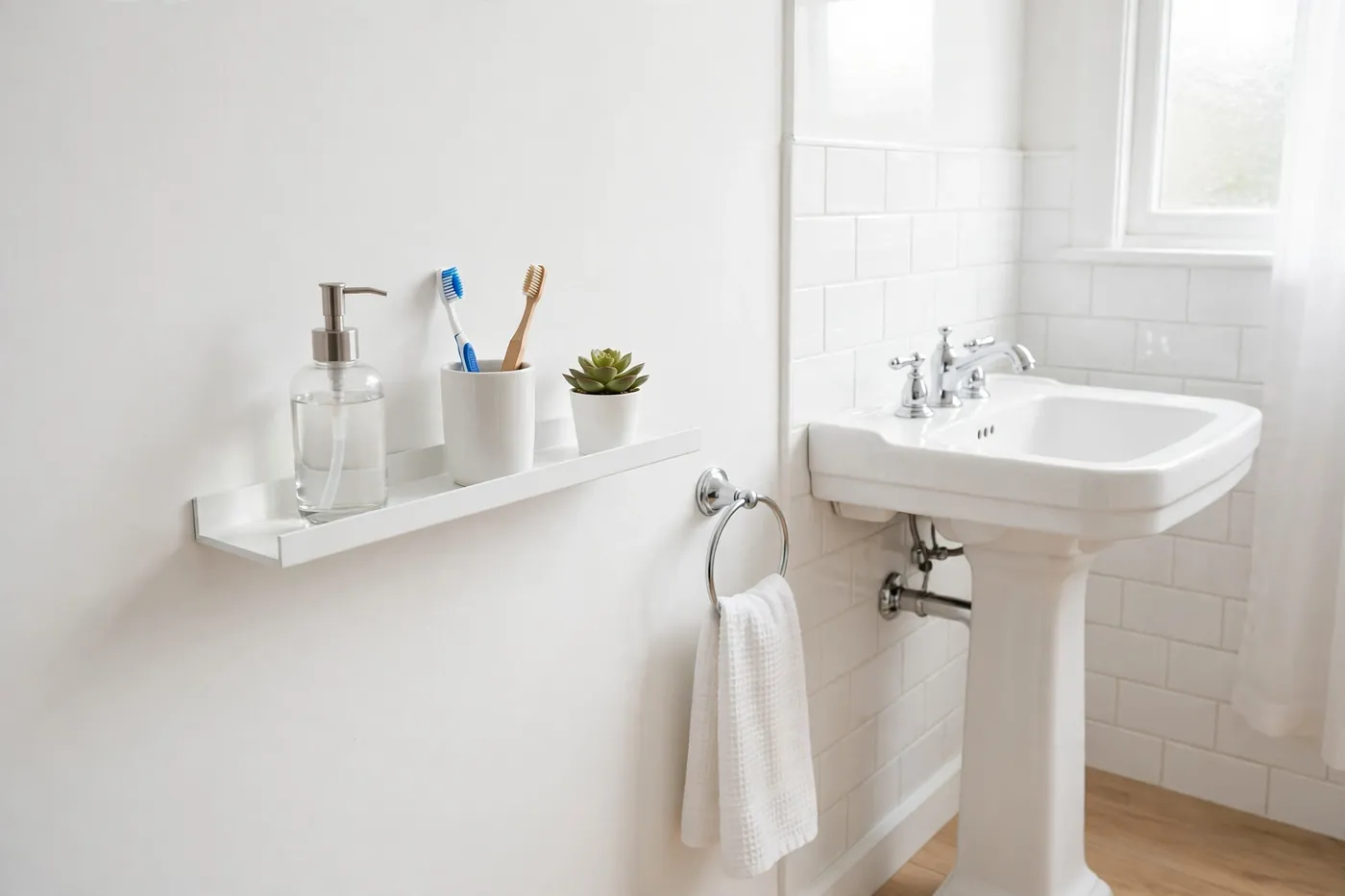 Narrow picture ledge beside a pedestal sink holding a soap dispenser, toothbrush holder, and succulent