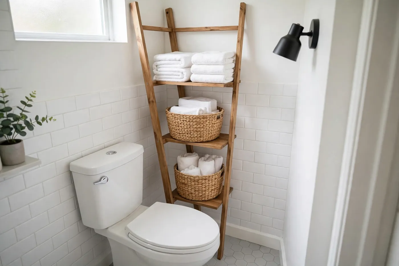 Slim wooden ladder shelf over a toilet in a small bathroom, holding folded towels and storage baskets