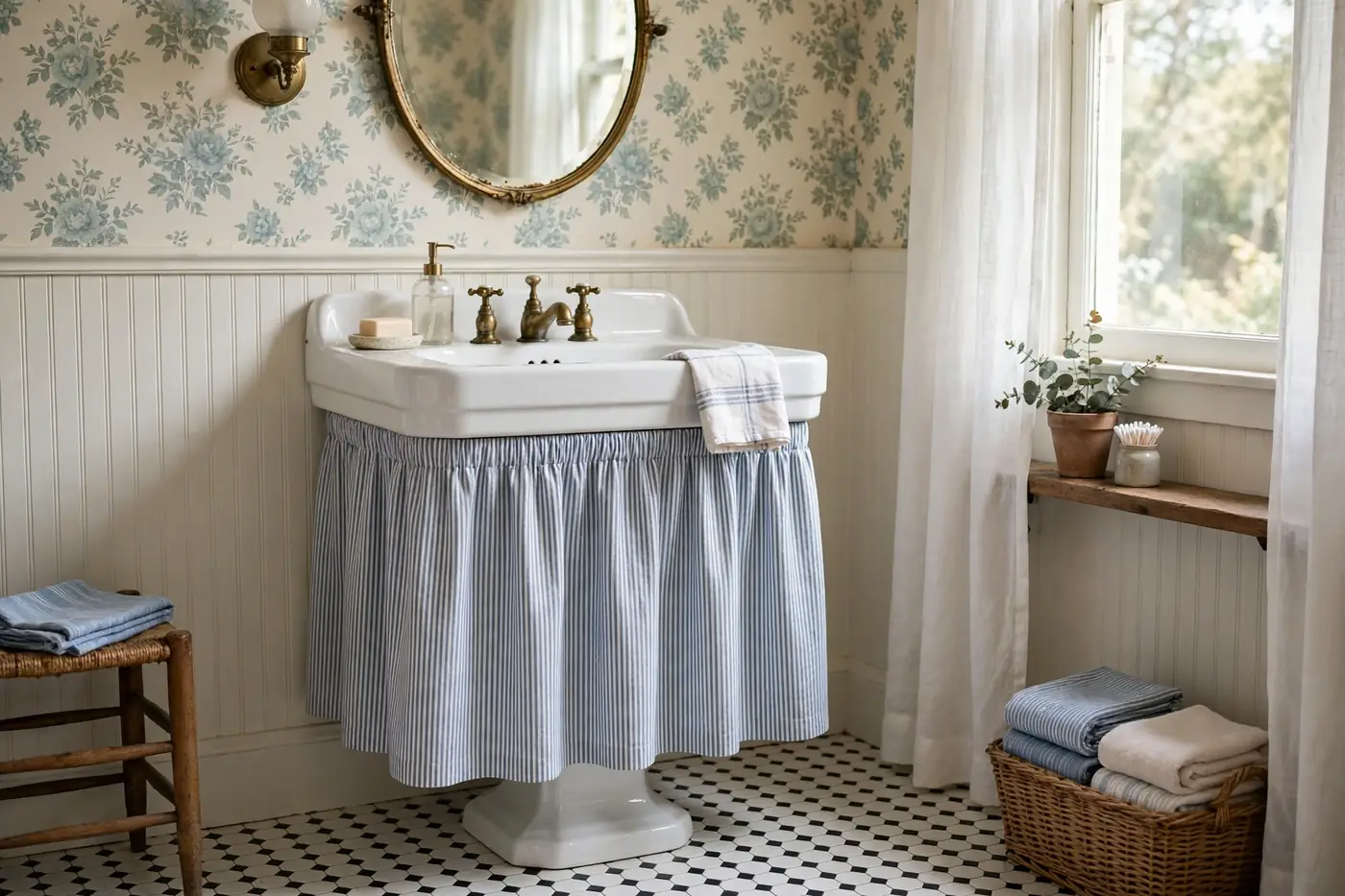 Striped fabric sink skirt hiding the base of a pedestal sink in a vintage-style bathroom