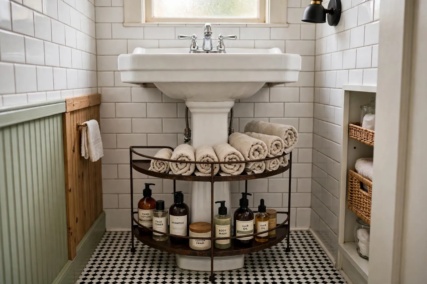 Two-tier metal caddy wrapping around a pedestal sink base, holding rolled towels and toiletries