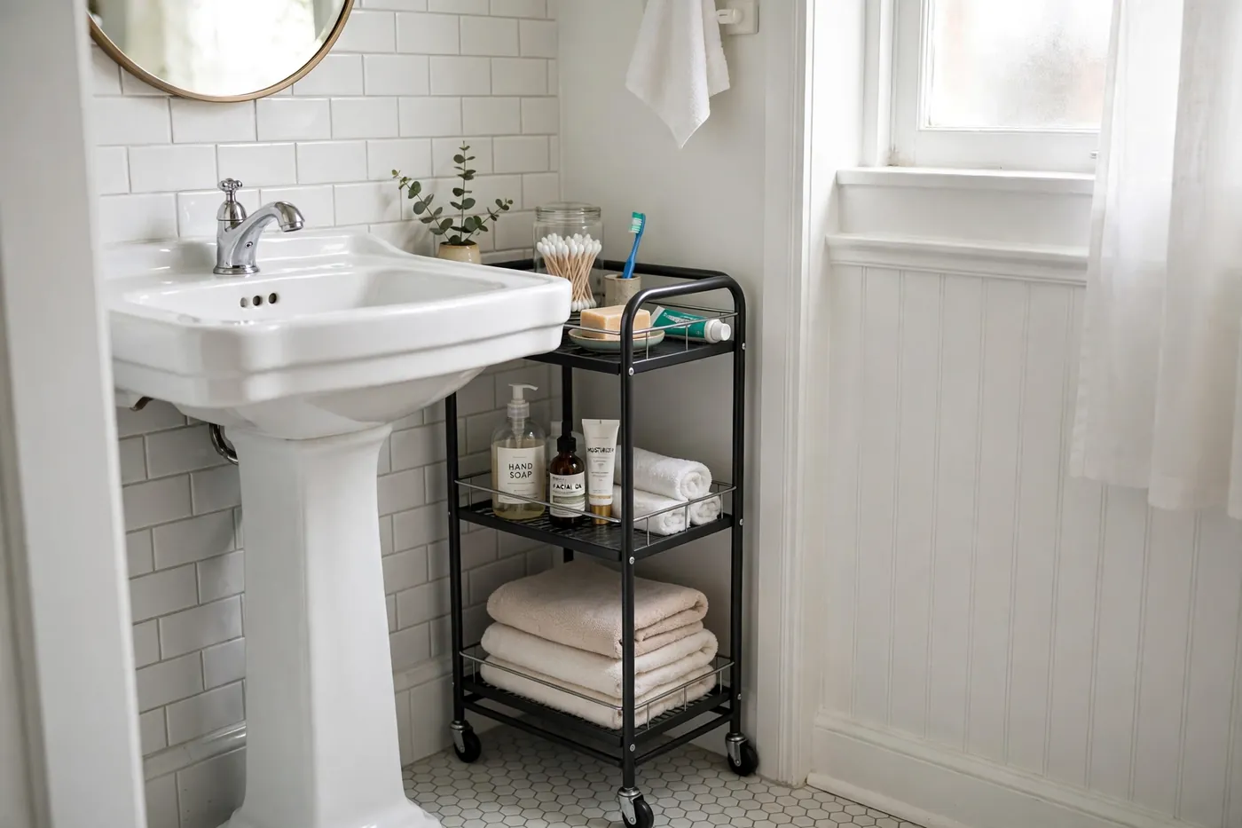 Slim three-tier rolling cart tucked between a pedestal sink and the bathroom wall