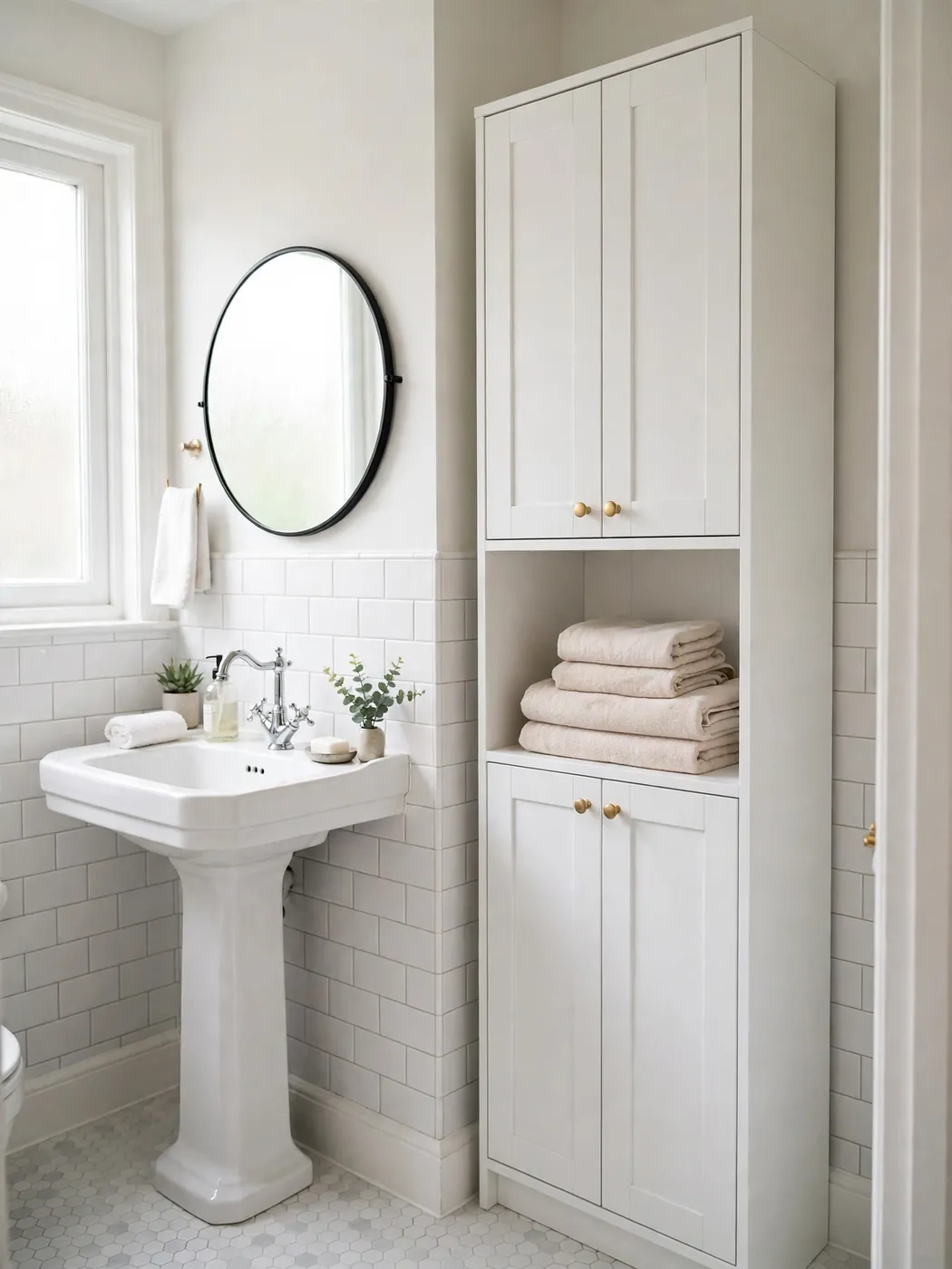 Tall narrow white linen tower in the corner of a small bathroom with a pedestal sink