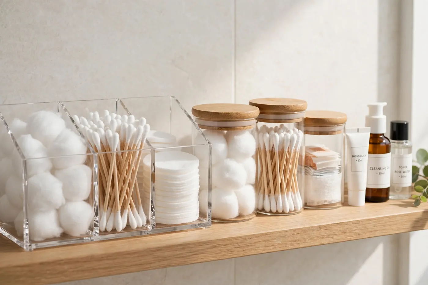 Acrylic organizers and lidded canisters holding cotton balls and toiletries on a small bathroom shelf