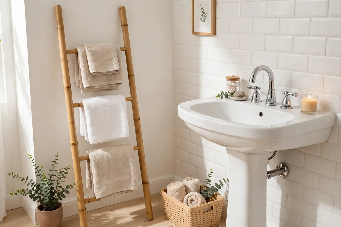 Bamboo towel ladder leaning against a bathroom wall next to a pedestal sink, holding folded towels