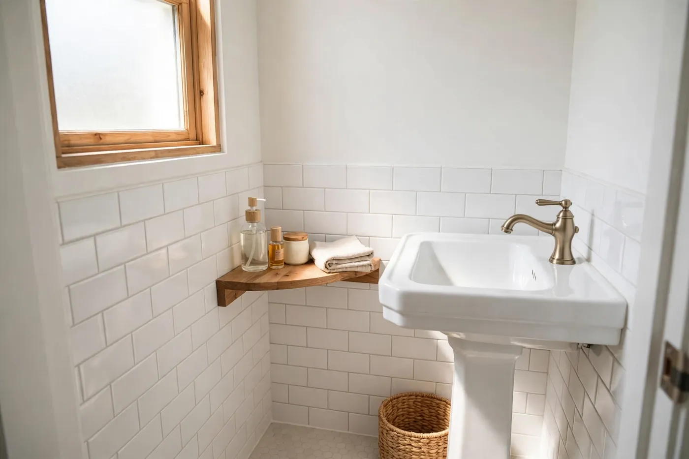 Small wooden corner shelf mounted beside a pedestal sink holding toiletries