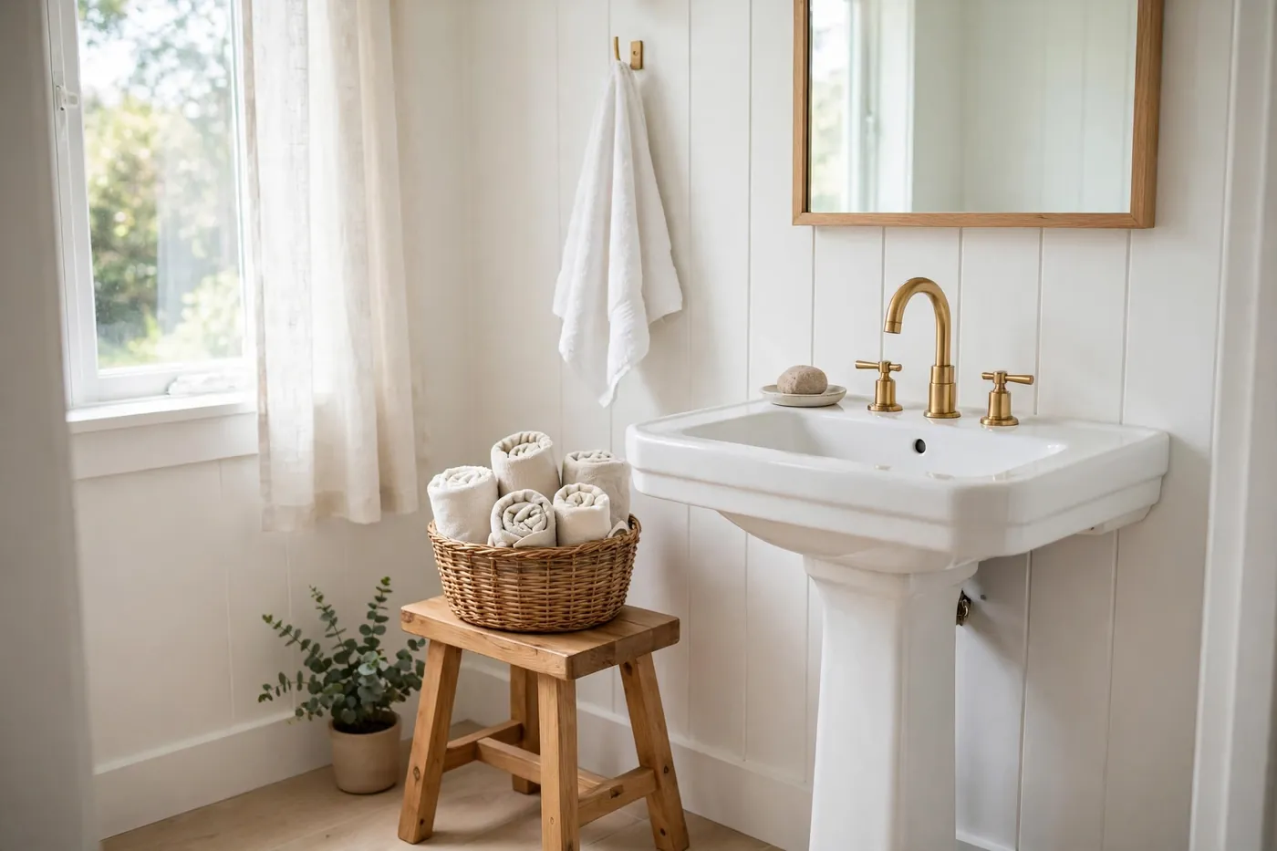 Small wooden stool next to a pedestal sink with a woven basket of rolled hand towels