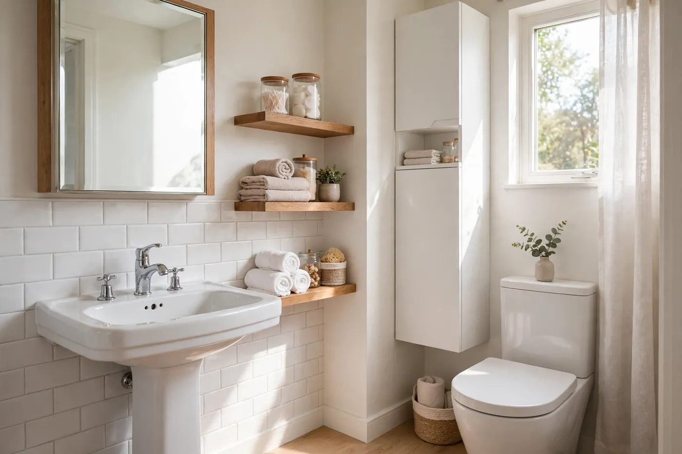 Finished small powder room with a pedestal sink, mirror cabinet, shelves, and organized storage