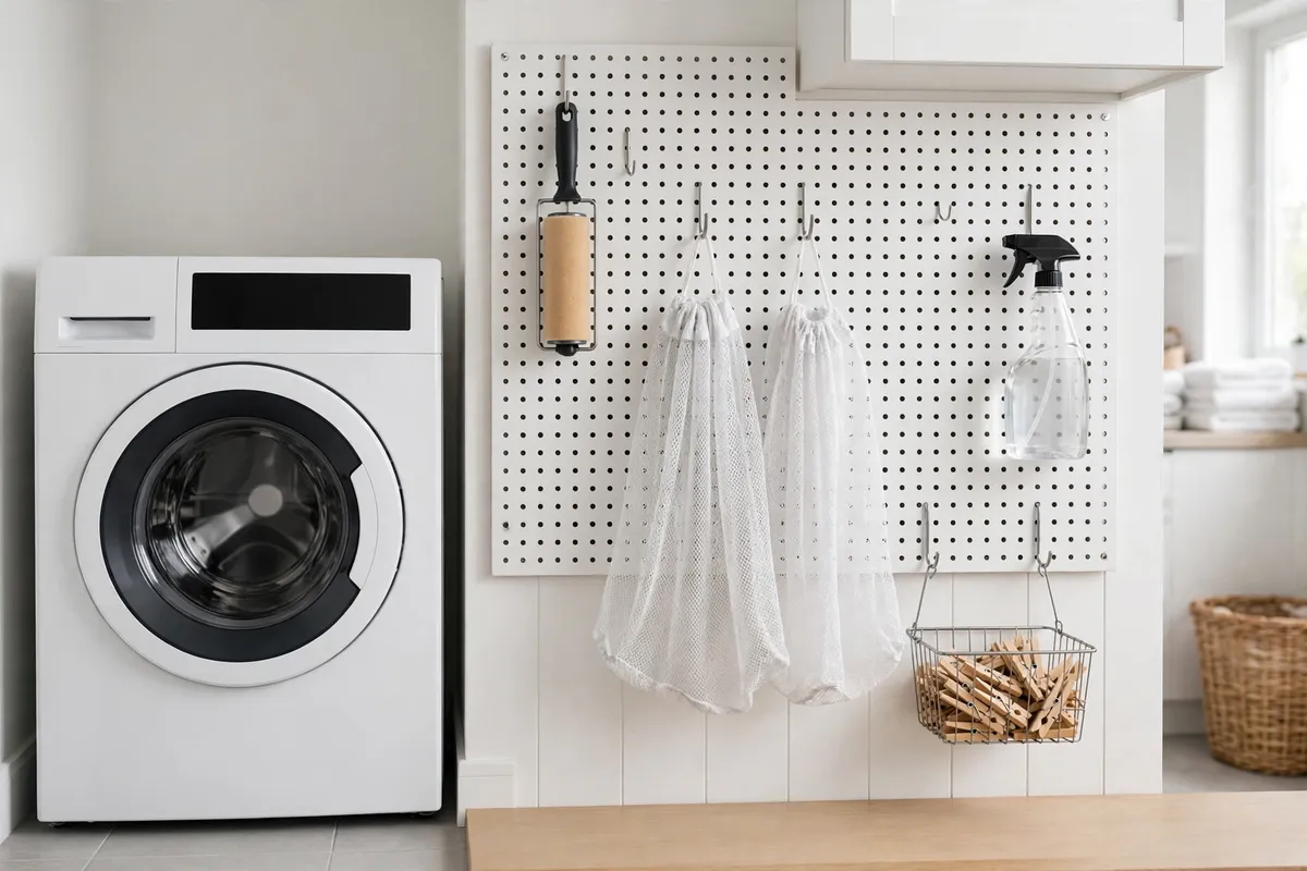 White pegboard on a laundry room wall with hooks holding lint rollers, mesh bags, and small baskets