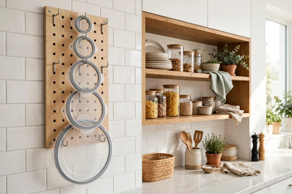 Pegboard on a kitchen wall with food container lids hung on hooks by size