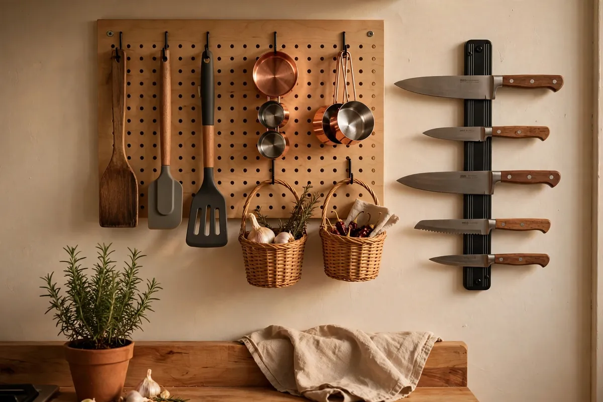 Pegboard wall holding hanging kitchen utensils with a magnetic knife strip, no drilling needed