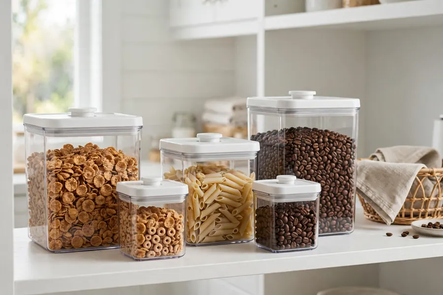 Square airtight food storage canisters with push-button lids, among the best pantry organization bins for decanting dry goods