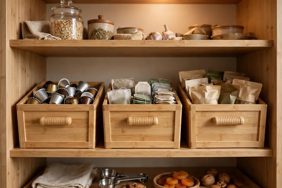 Light bamboo storage bins with handles on pantry shelves holding coffee pods and tea bags