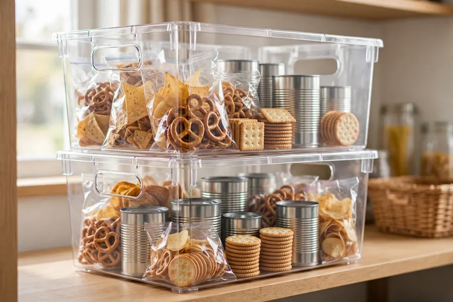 Clear stackable pantry bins with cutout handles stacked two high holding snacks and canned goods