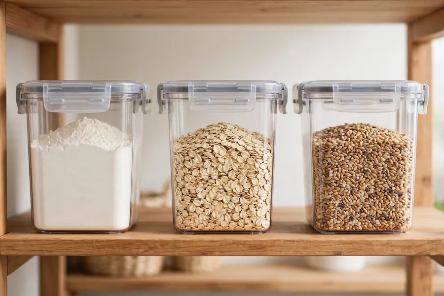 Clear airtight containers with locking side latches filled with flour, oats, and grains on a pantry shelf
