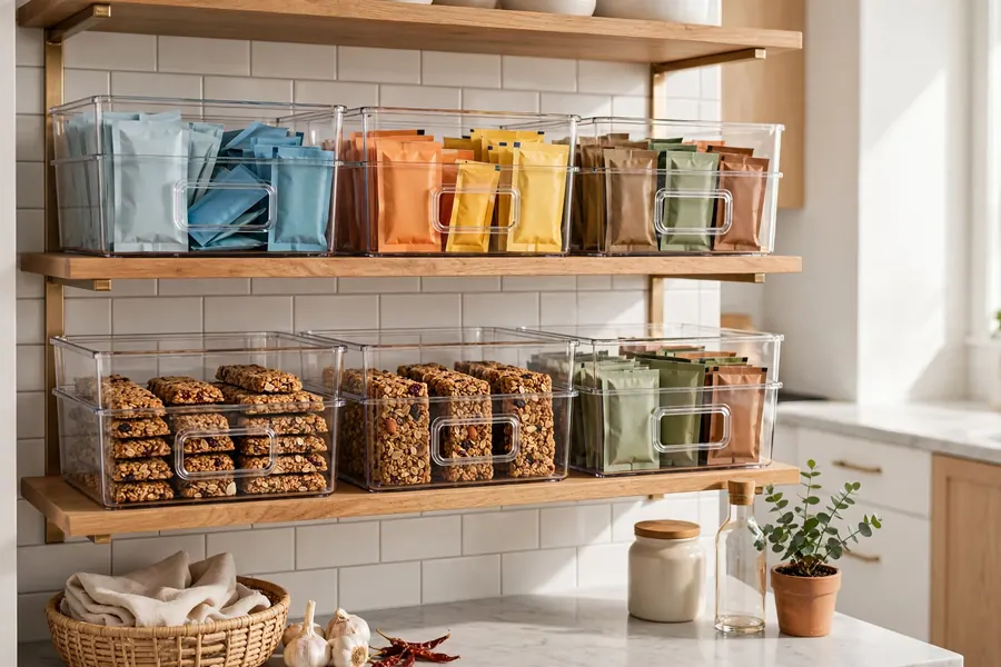 Modular clear pantry bins with handles lined up on open shelves holding drink packets and granola bars