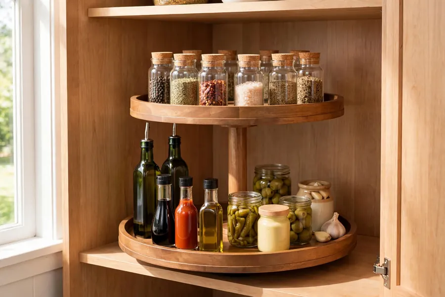 Two-tier rotating lazy susan turntable with raised edges holding spice jars and condiment bottles in a pantry corner