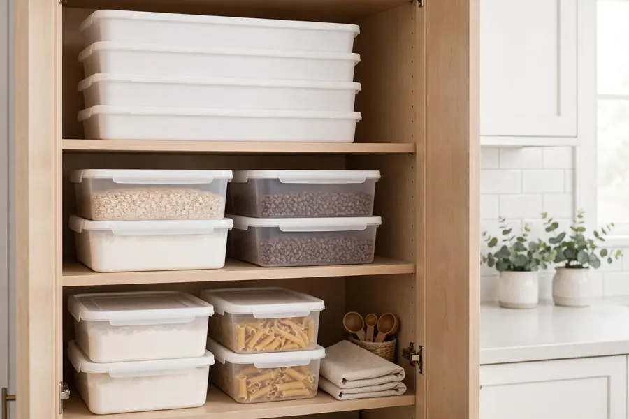 Stackable deep pantry containers with lids holding baking supplies on tall shelves