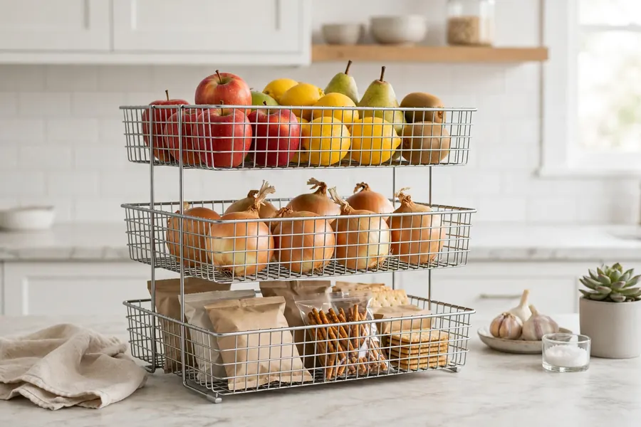 Three-tier wire basket stand holding apples, onions, and packaged snacks on a kitchen counter