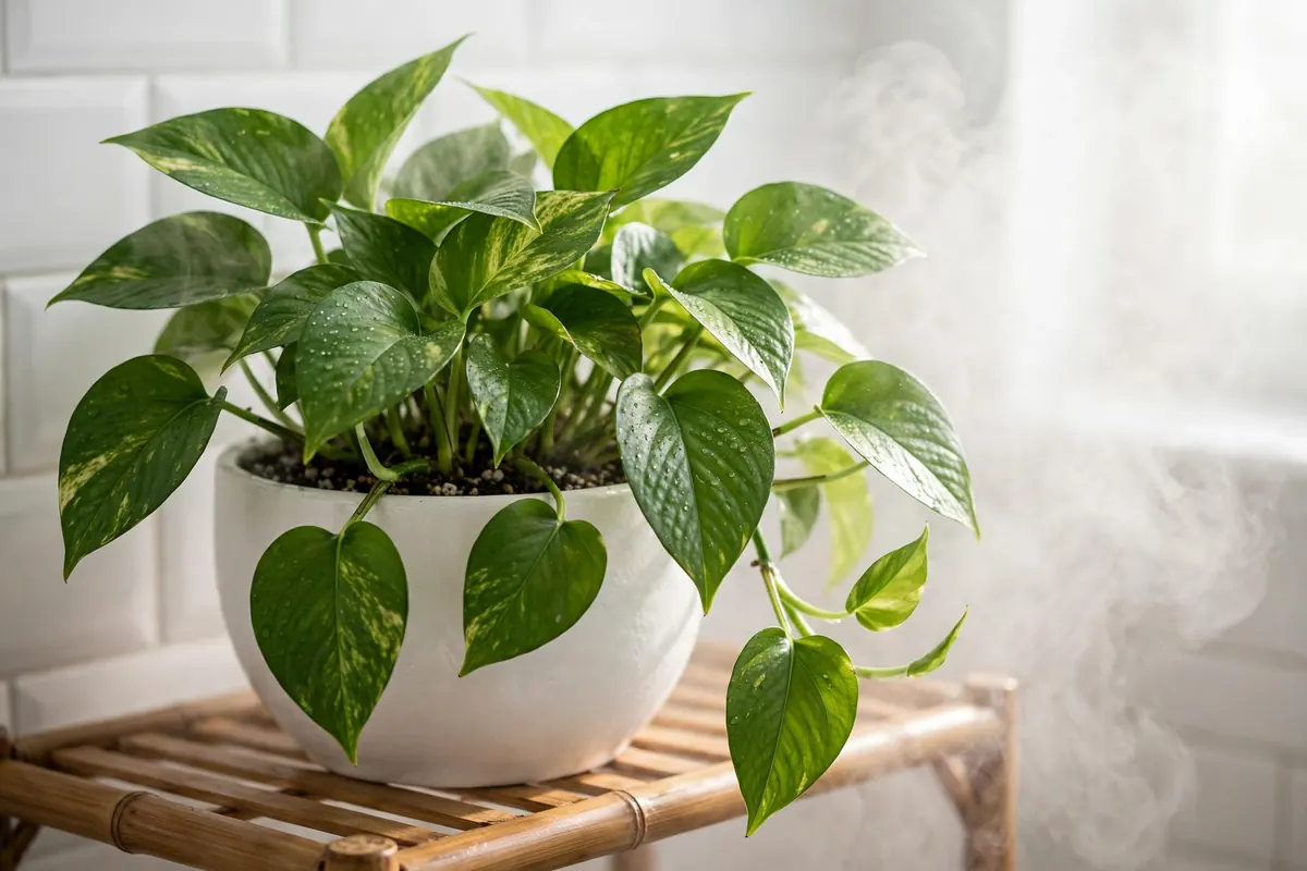 Pothos plant thriving on a bathroom shelf in humid air