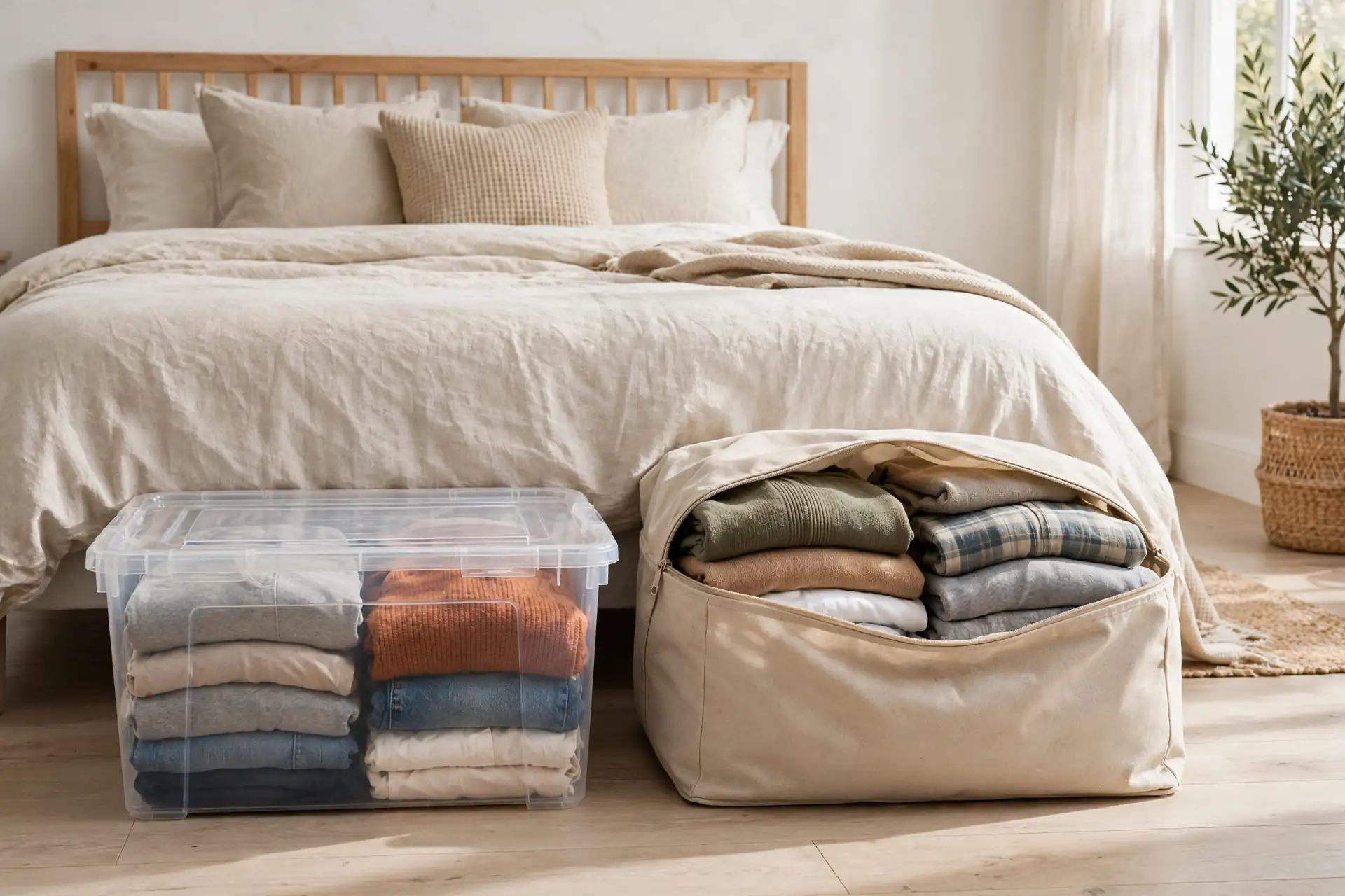 Plastic bin and fabric bag compared as under bed storage options