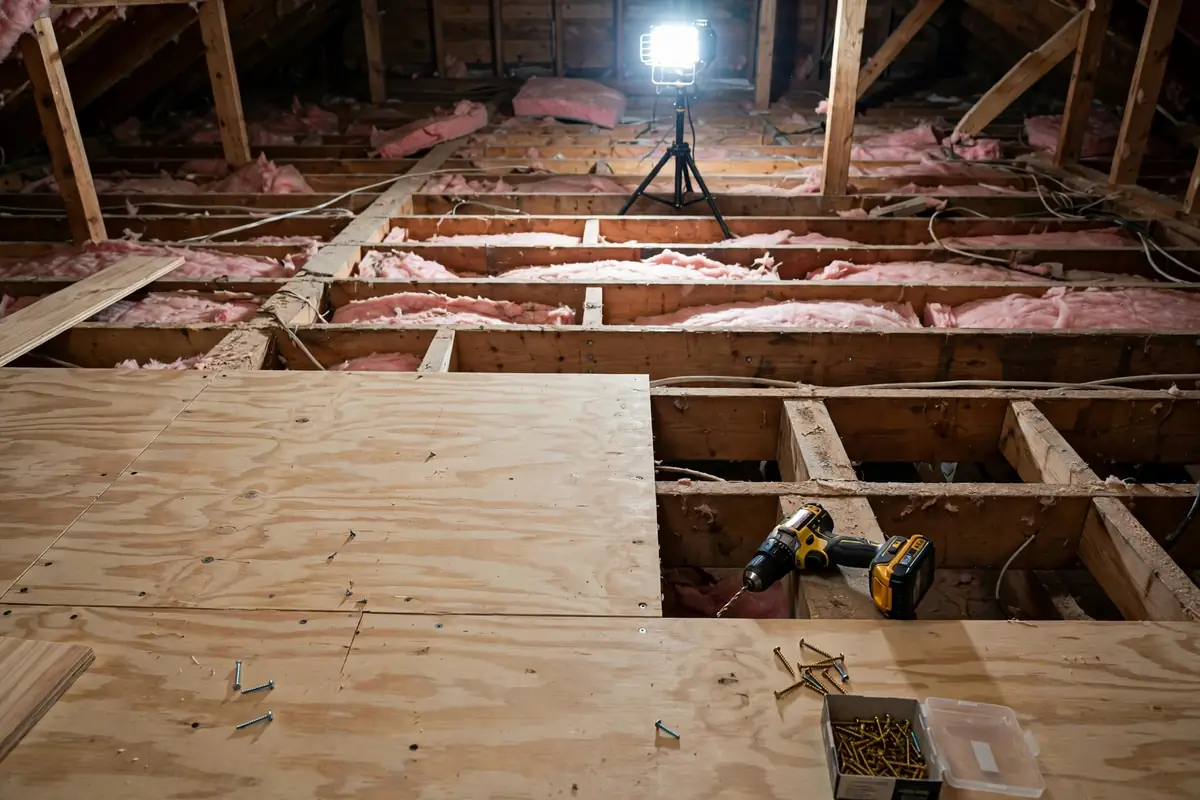 Plywood decking being screwed over ceiling joists in an unfinished attic.