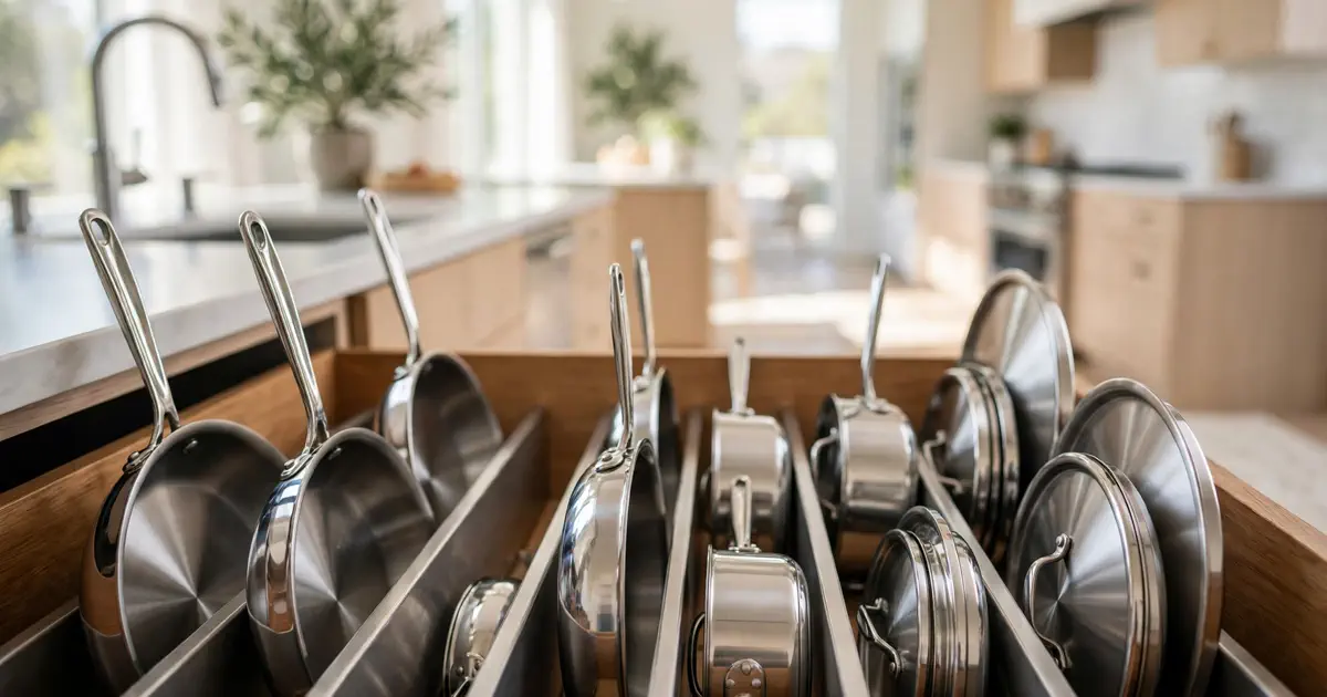 Deep kitchen drawer with vertical dividers storing pots and pans upright