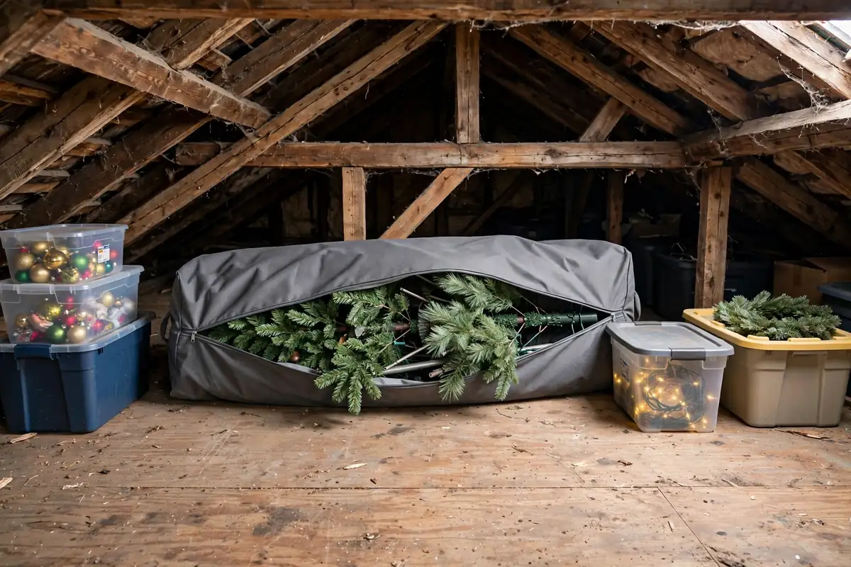 Zippered storage bag holding a disassembled artificial Christmas tree on attic decking.