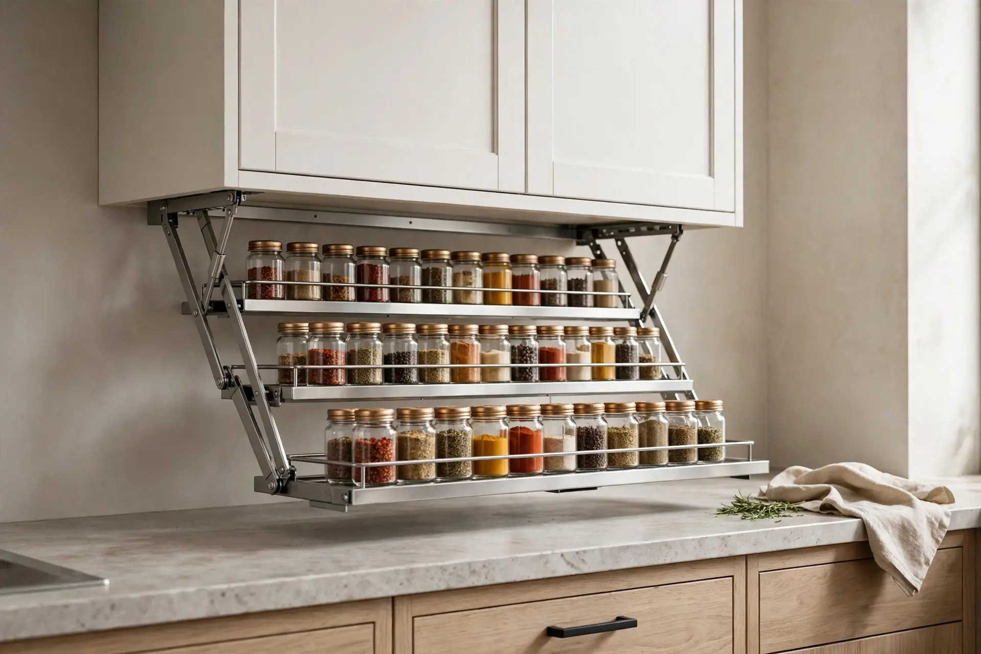 Pull-down spice rack lowered from a high kitchen cabinet to counter level