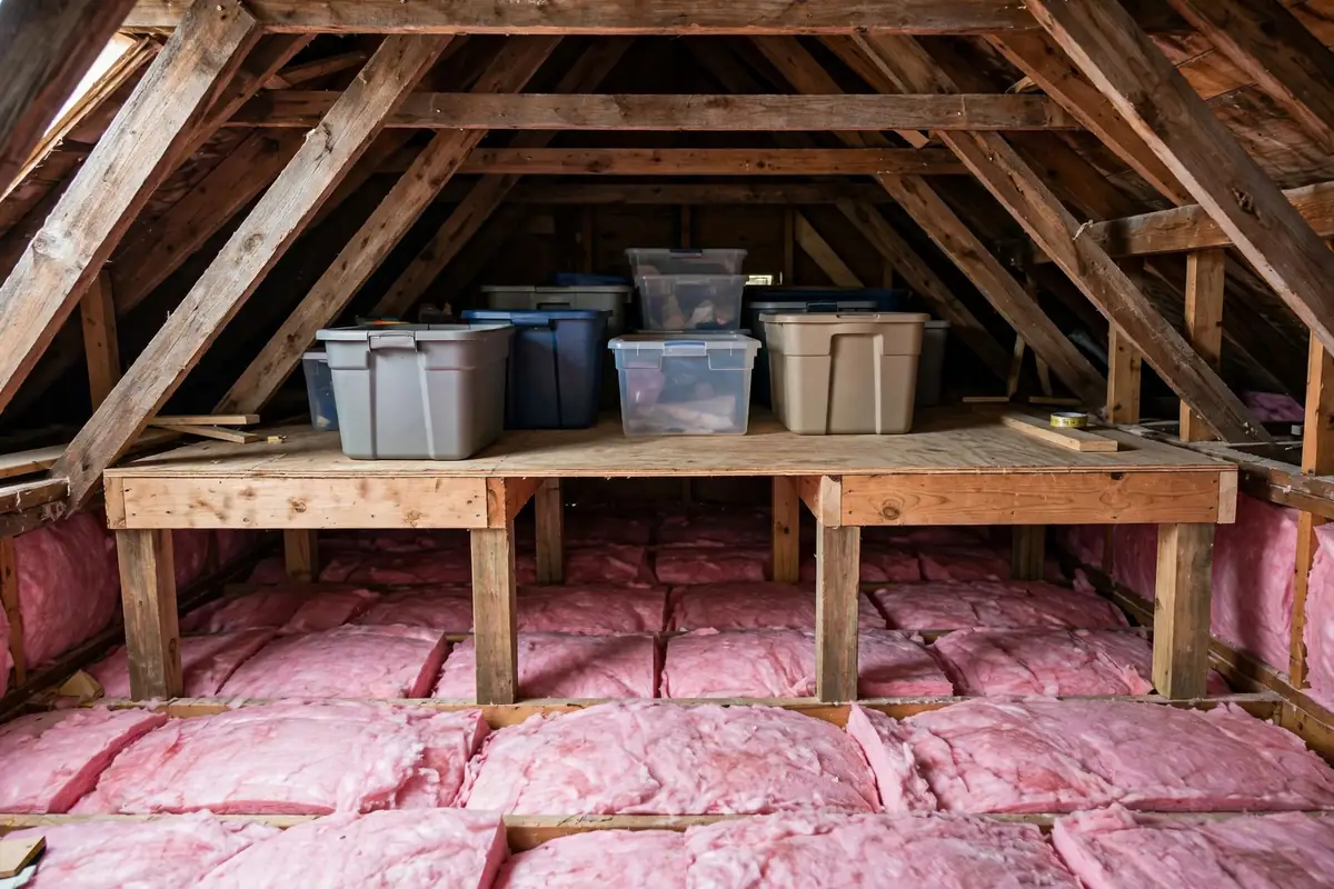 Raised attic storage platform on legs above deep insulation, preserving its depth.