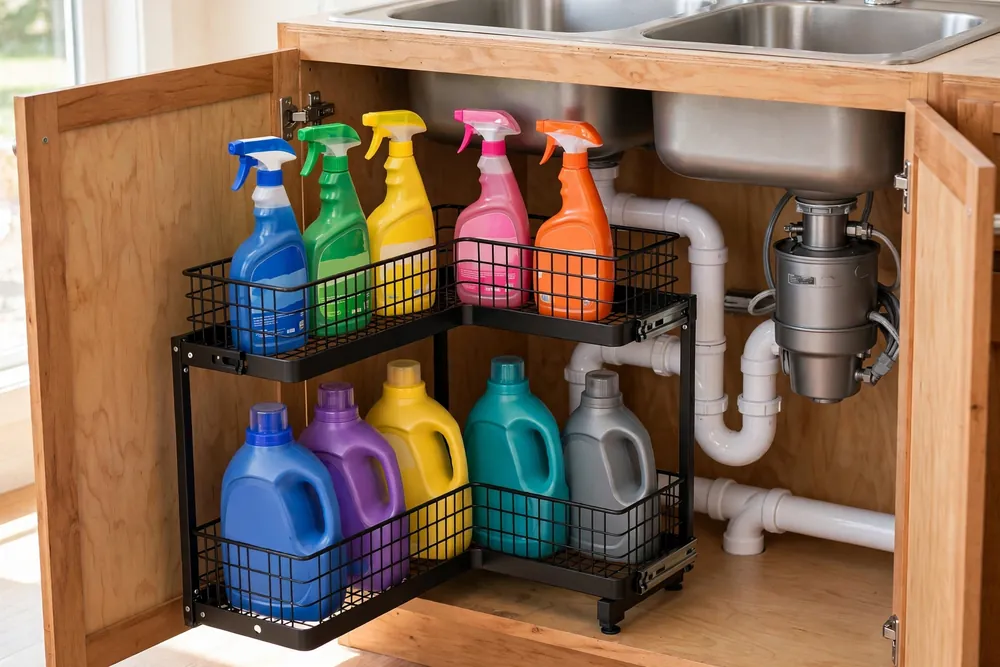 REALINN L-shaped two-tier under sink organizer installed around kitchen drain pipes with cleaning bottles