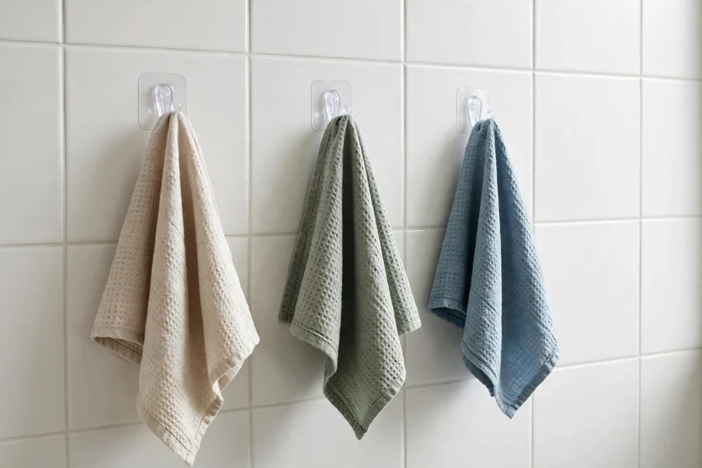 Adhesive hooks holding one hand towel each on smooth white bathroom tile, no drilling
