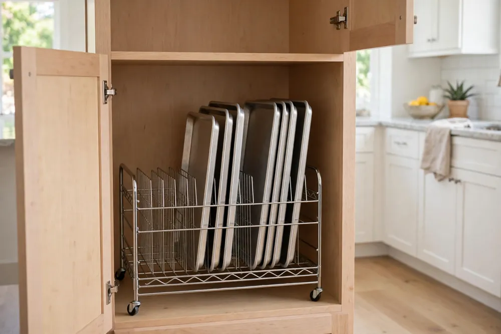 Freestanding wire rack with baking sheets upright inside a rental kitchen cabinet