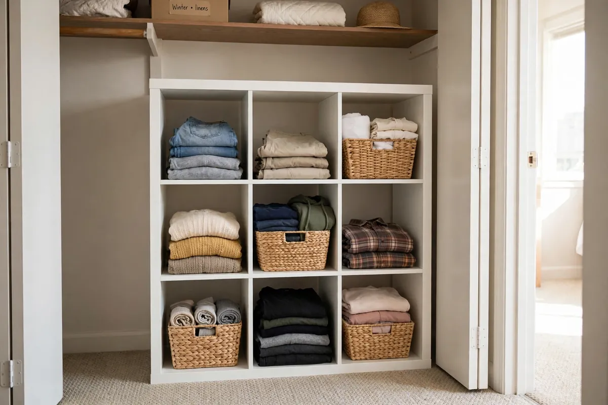 Freestanding cube organizer adding shelf space to a rental closet without drilling.
