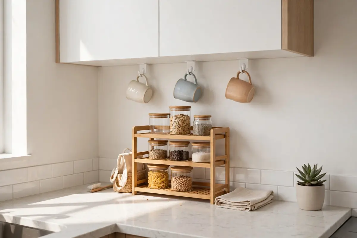 Rental kitchen counter with adhesive hooks holding mugs under the cabinet