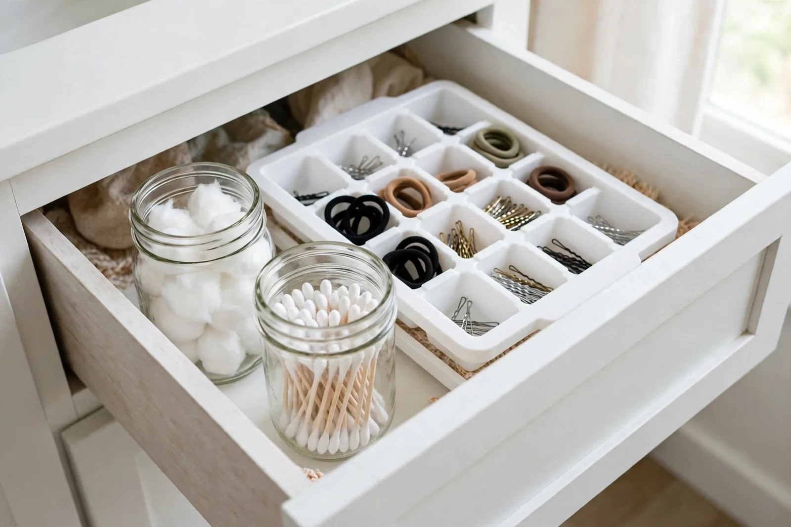 Repurposed jars and an ice cube tray organizing small items in a bathroom drawer.