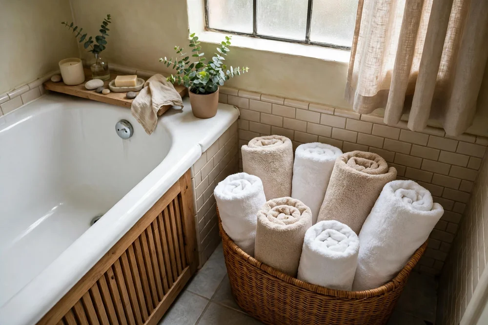 Rolled white and beige bath towels in a woven basket beside a bathtub
