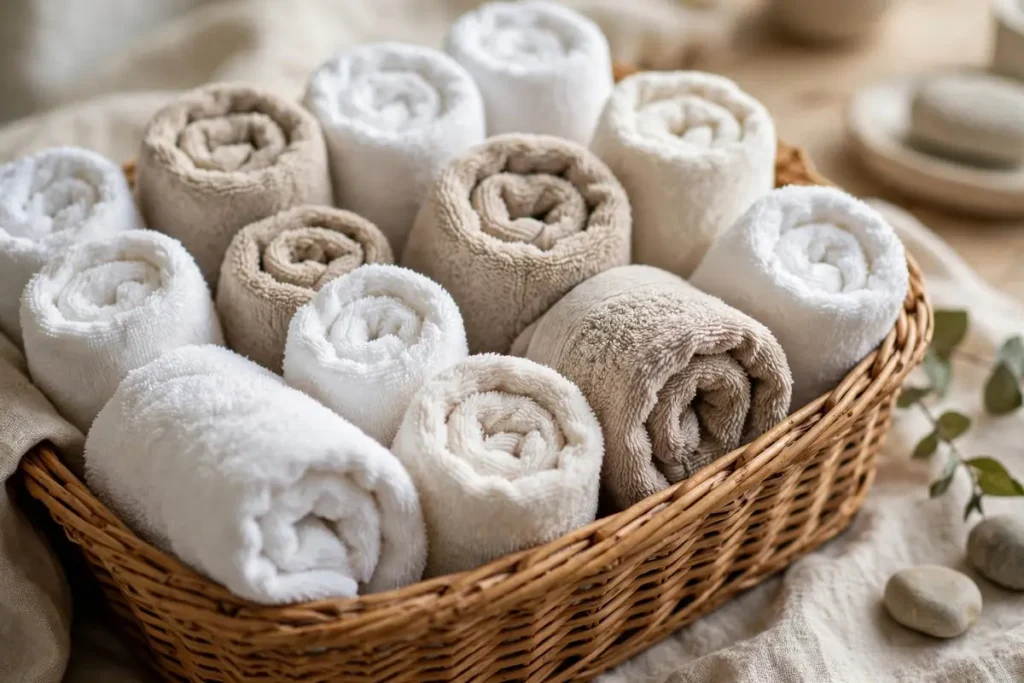 Woven basket filled with neatly rolled bath towels in white and beige
