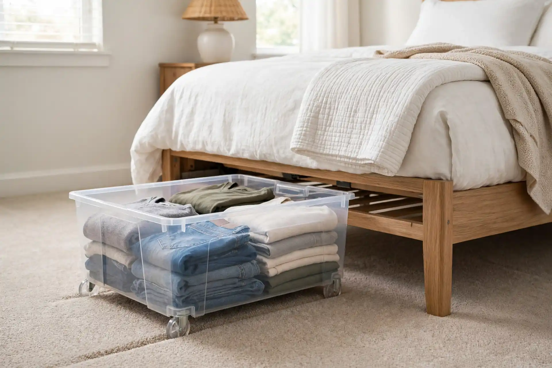 A rolling under-bed bin with wheels on a carpeted bedroom floor, half pulled out from under a bed