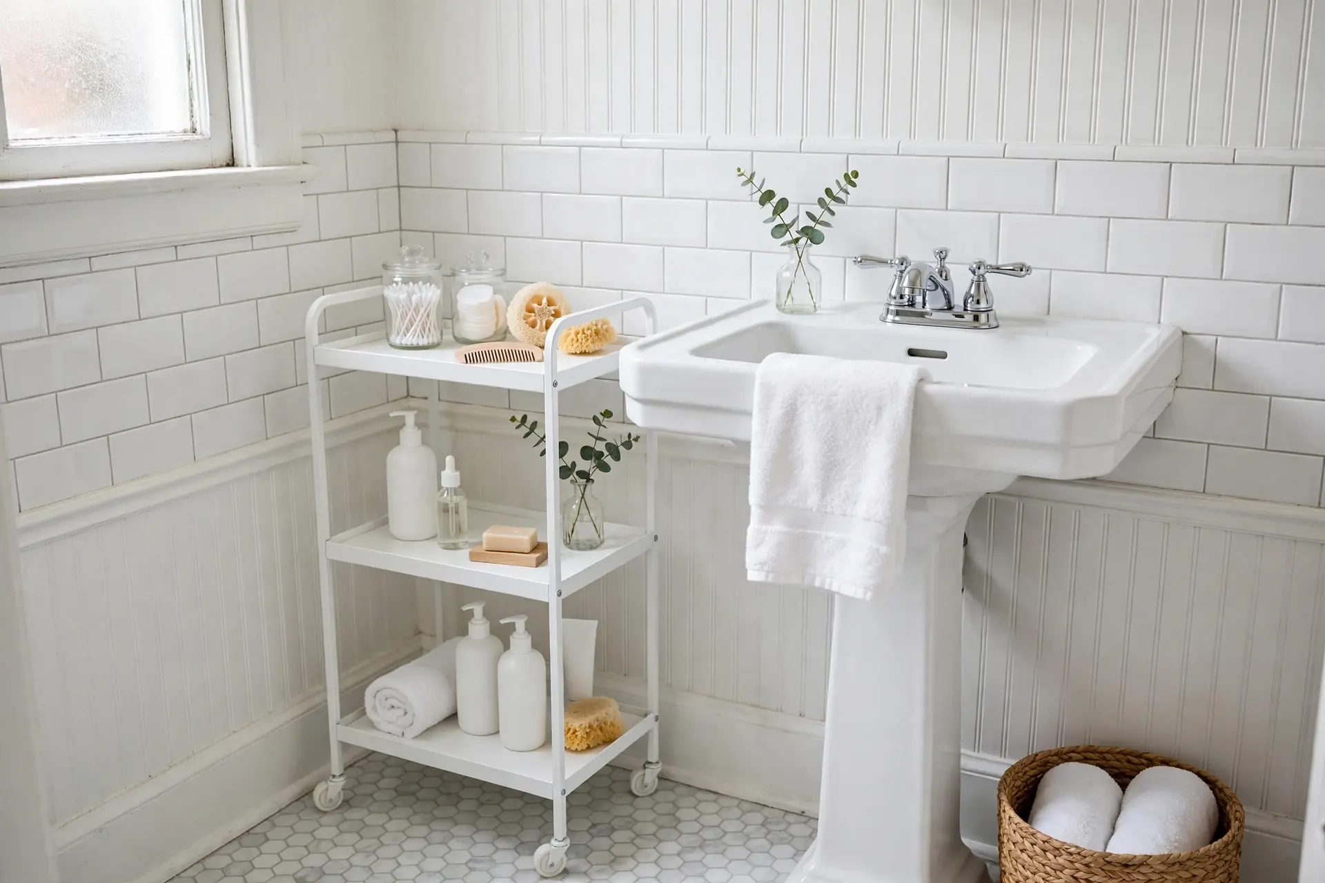 Slim rolling cart with toiletries beside a pedestal sink