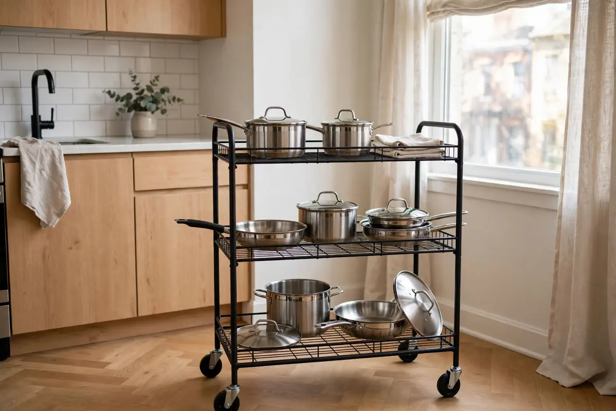 Freestanding rolling kitchen cart storing pots and pans in a small apartment