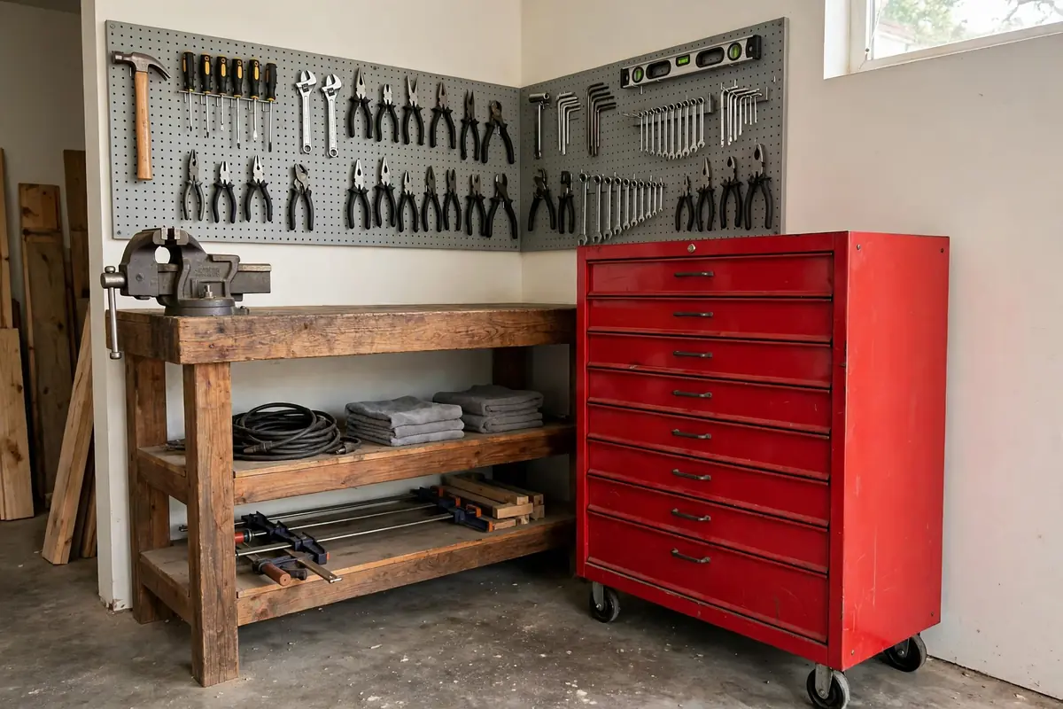 Rolling tool cabinet with drawers beside a workbench under a pegboard in a garage